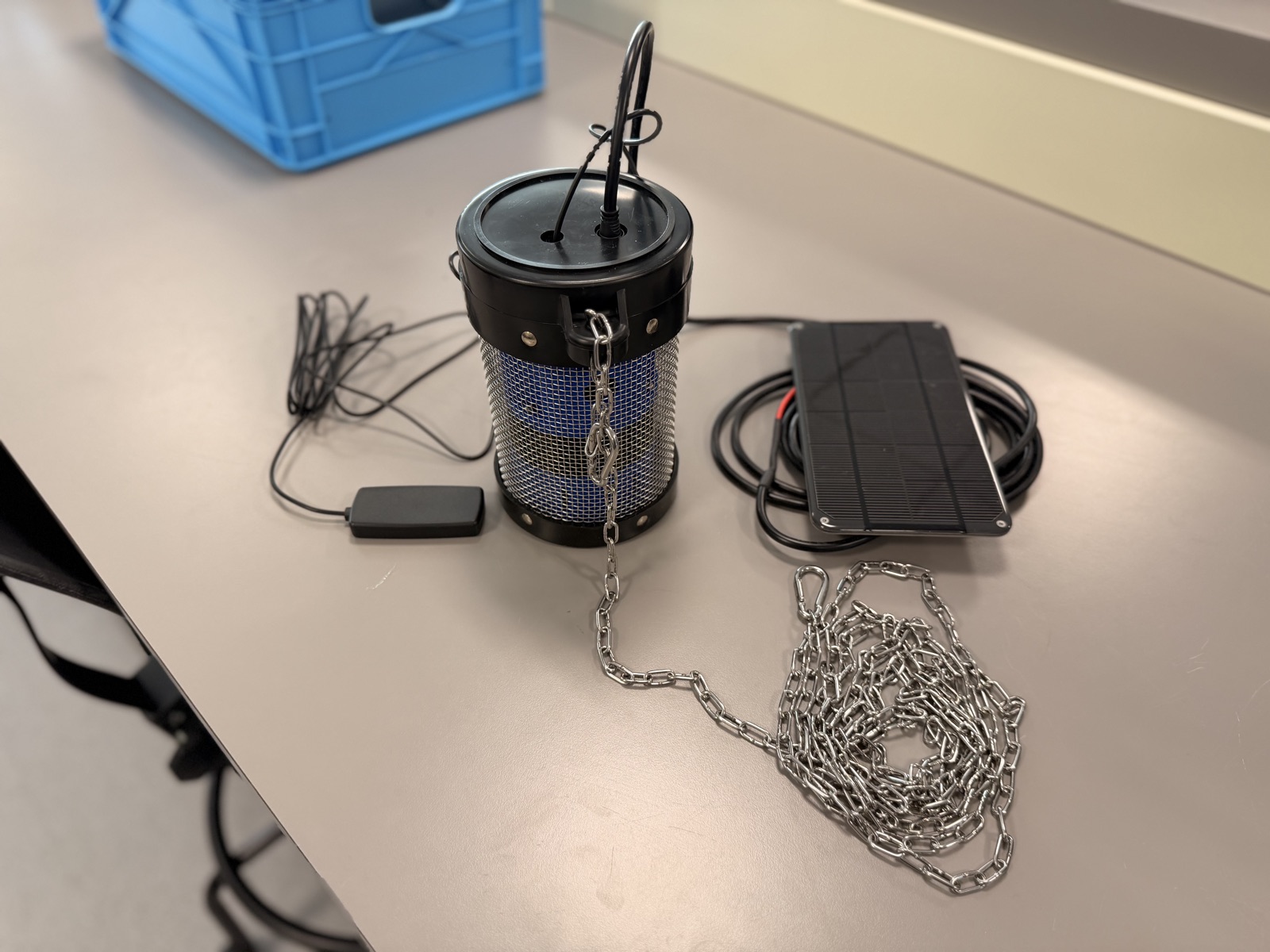 Suspension chain clipped to the cage with a carabiner